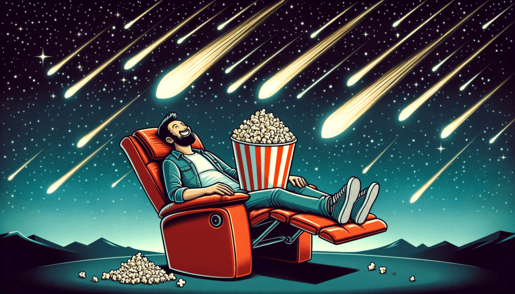 Perseiden schauen aus Liegestuhl mit Popcorn.